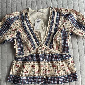 Abercrombie & Fitch Cream and Blue Patterned Blouse